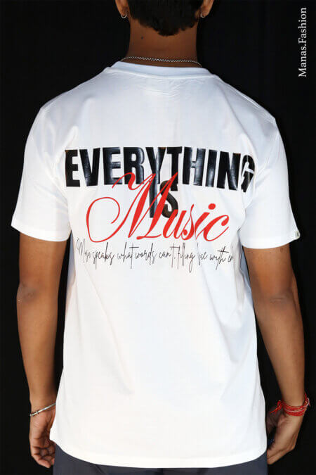 White cotton T-shirt with "Everything is Music" design in bold typography, perfect for music lovers.