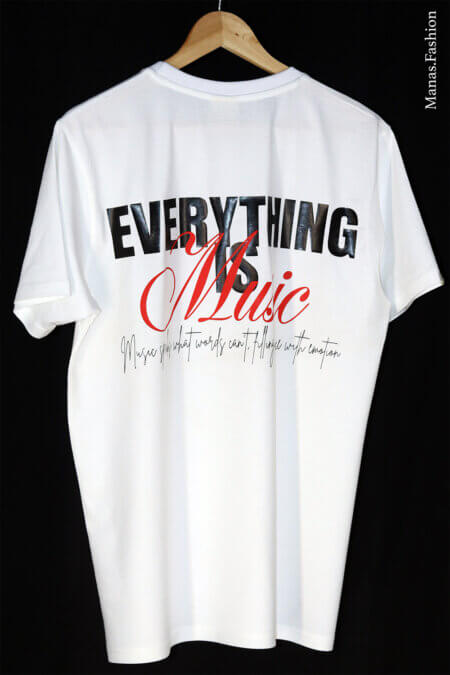 White cotton T-shirt with "Everything is Music" design in bold typography, perfect for music lovers.