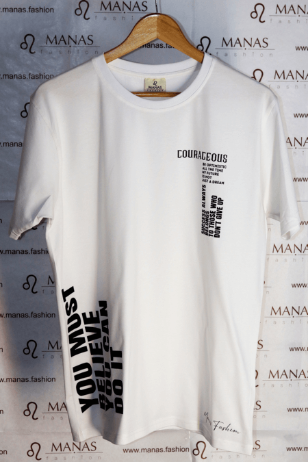 White typographic T-shirt featuring the word 'Courageous' along with an inspirational quote in bold black print, designed for motivation and style.