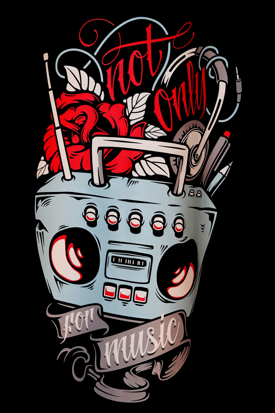 Black oversized t-shirt with retro boombox and rose design for music lovers – Manas.Fashion streetwear